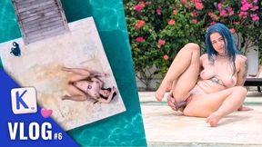 Blue-haired tattoo slut cumming hard with XL strap-on in public pool