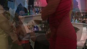 Frisky blonde and brunette share one stud's tool in the living room