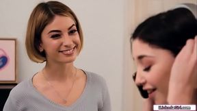 Stepsis teaches blonde lesbian babe to lick pussy and finger her virgin hole