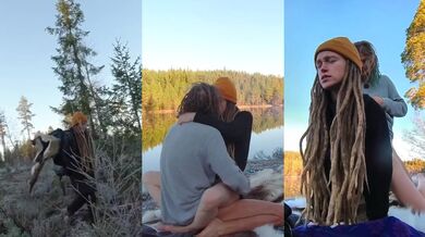 Swedish skin against forest lake gentle sex with silver draped dreads