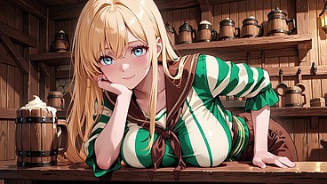 AI- Blonde Pirate's Morning After! Green Striped Top, Lazy Bar Counter & Sunlit Bedroom. From fixing her collar to kneeling on the bed with those hazy eyes... Who can handle this contrast?