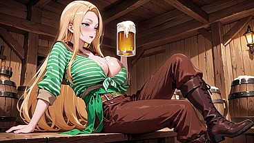 AI- Blonde Pirate's Morning After! Green Striped Top, Lazy Bar Counter & Sunlit Bedroom. From fixing her collar to kneeling on the bed with those hazy eyes... Who can handle this contrast?
