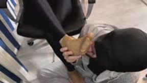 Letting him worshiped my feet after a long day at work