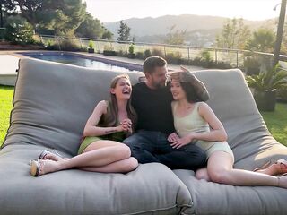 Small angels Tiffany Tatum and Matty Perez share one large penis outdoors, sucking and banging on the lawn