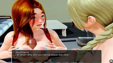 Fenella and Anastasia entangle with a man in an animated school fantasy