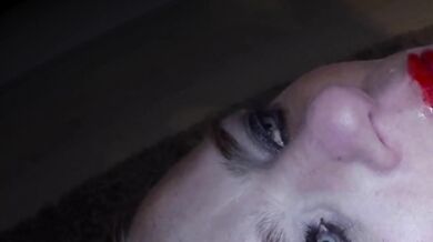 Dutch blonde squirts cum in her own eyes sucking a massive cock