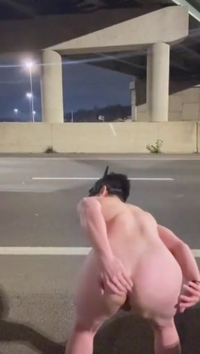 Highway Bridge Exposure: Asian Muscle Hunk Flexes Bare Naked, Dangles Dick &amp; Jerks off for All