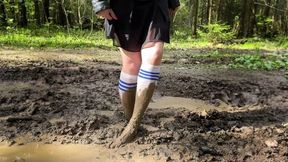 Black stockings 20 den in mud, muddy feet, girl in stockings in mud, white knee high socks in mud, walking in stockings without shoes in mud, stockings in forest, white socks in forest