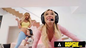 Tranny Gracie Jane fucks with her gamer roomies Bella Blu and Gracie Jane