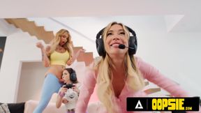 Tranny Gracie Jane fucks with her gamer roomies Bella Blu and Gracie Jane