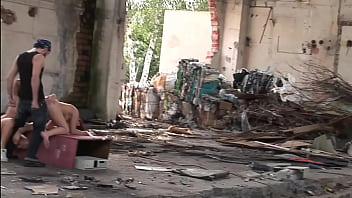 Two Horny Euro Lesbians Get Ass Fucked By Two Studs In Abandoned Building