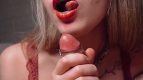 Gentle handjob and close-up blowjob from a cute girl with braces