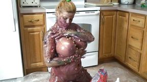 Busty MILF Angel is covered in syrup