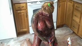 Busty MILF Angel is covered in syrup