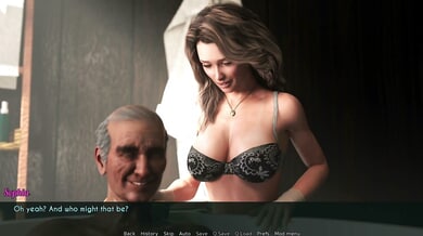 Young woman washes an older man in a 3D animated bathroom scene