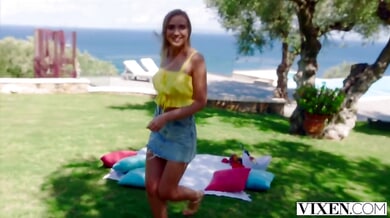 Blonde woman takes a large cock from behind by the pool on vacation