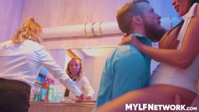 In the clubs toilet Anissa Kate and Daisie Belle snuck to suck a lucky dudes cock