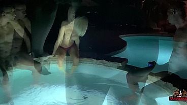 Poolside BBC Gangbang for Blonde Slut Unicorn with Teammates