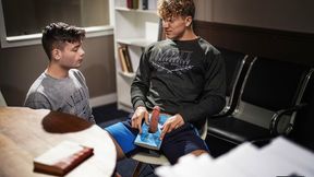 Felix takes out his dick and puts it through a hole