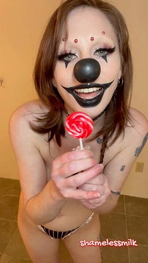 Topless Goth Clowngirl Lollipop Licking in Thong