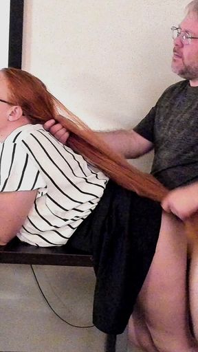 Teacher Lets Her Long Red Hair Down for Rough Hair Pulling Fuck Bent Over Desk