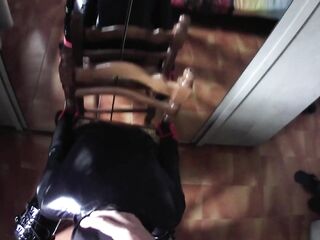 mother I'd like to fuck fastened to a chair, throat screwed with ring gag and throatpie POV