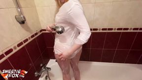 Horny babe in wet shirt play pussy and POV blowjob dick in the bathroom