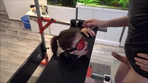 Slave Defenseless in Pillory Driven to Orgasm on Sybian