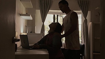 Porn model fucked in her home office by her much smaller roommate.