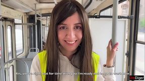 Innocent-looking bus conductor gives blowjob and rides cock in public