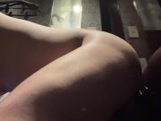 A fat Japanese man gaining sexual pleasure by inserting a door-mounted dildo into his anus.