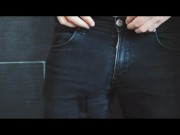 Stunning young cock pissing jeans in the shower