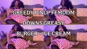 Greedy Pinup Femdom downs greasy cheeseburger