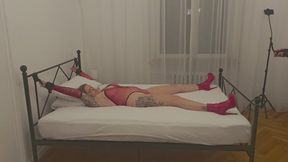 Over 30 minutes. Tied up and brought to orgasm in multiple ways. Toys and fucking. Cum on tits.
