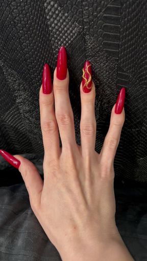 My New Red Long Nails and Long Fingers