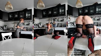 Red headed milf gets drilled raw on kitchen table while arched in stockings and heels