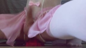 Femboy gags on giant dildo stretches asshole till it gapes raw