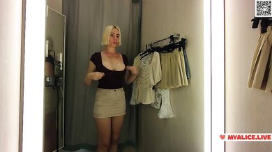 Blonde big tits try on see through bra flash in dressing room