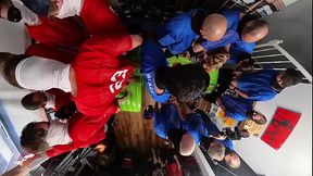 Cheerleaders gangbang football team with sloppy blowjobs and deep throat