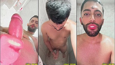 Son of Lilith jerking his big uncut cock and eating his own cum