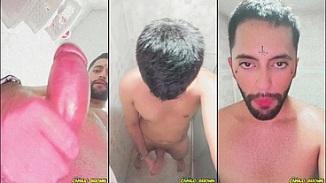 Son of Lilith jerking his big uncut cock and eating his own cum