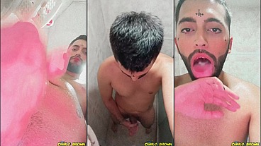 Son of Lilith jerking his big uncut cock and eating his own cum