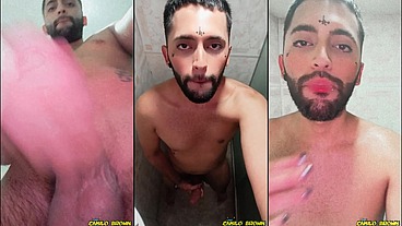 Son of Lilith jerking his big uncut cock and eating his own cum
