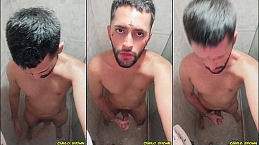 Son of Lilith jerking his big uncut cock and eating his own cum
