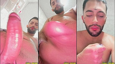 Son of Lilith jerking his big uncut cock and eating his own cum