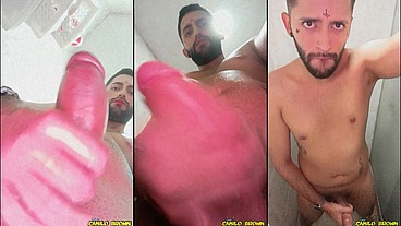 Son of Lilith jerking his big uncut cock and eating his own cum