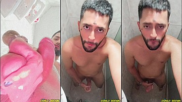 Son of Lilith jerking his big uncut cock and eating his own cum
