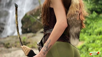 Busty blonde babe rides cock in outdoor D&D cosplay