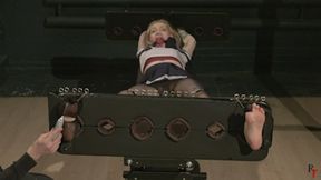 Olivia got in a tickling trap - Ballgagged, nylon, and barefoot tickling in stocks (FULL HD MP4)