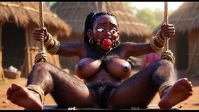 Hairy and desperate African woman tied up by tribe, craving for cock.
